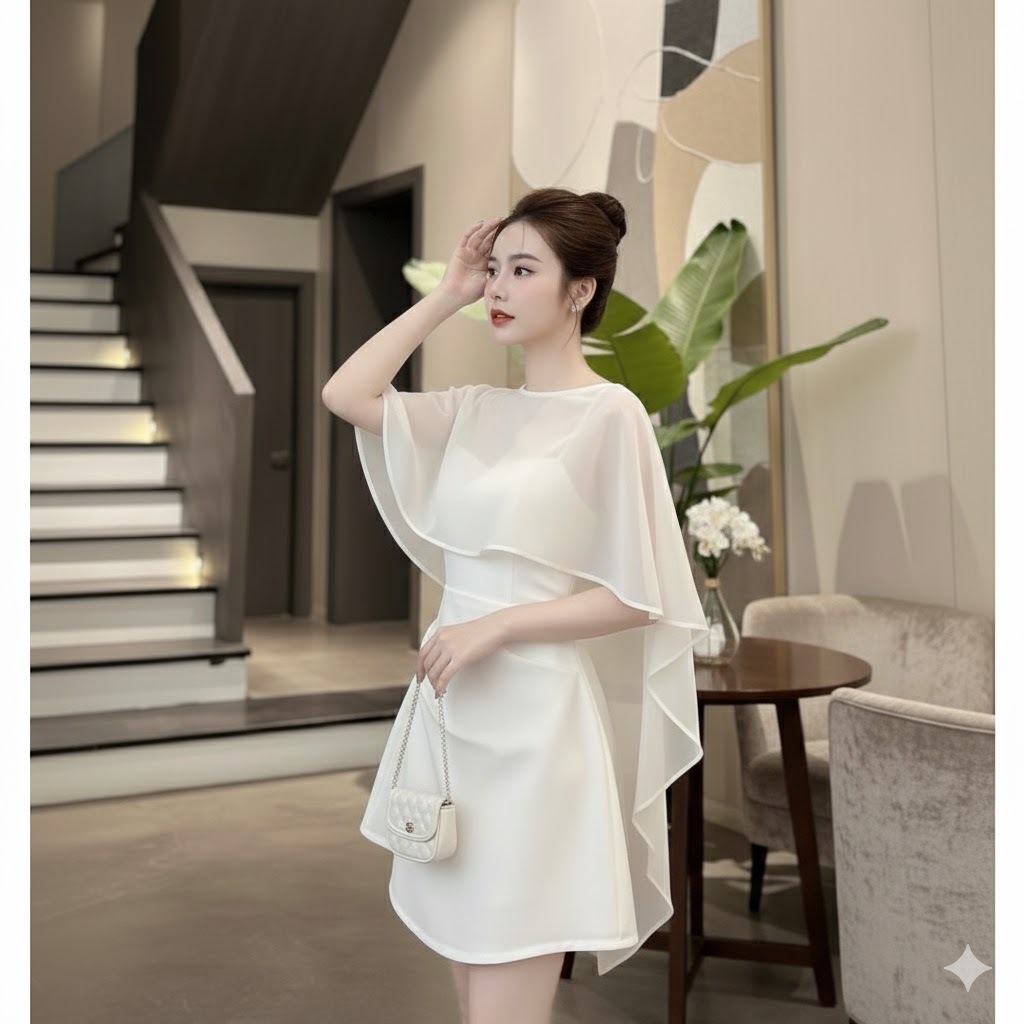 Váy dự tiệc 2 dây nhún eo, có mút ngực kèm áo choàng sang chảnh