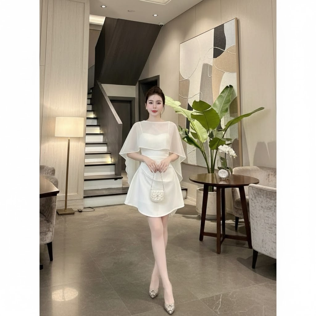 Váy dự tiệc 2 dây nhún eo, có mút ngực kèm áo choàng sang chảnh