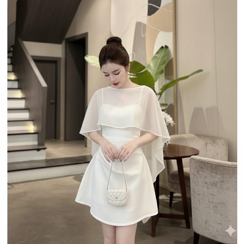 Váy dự tiệc 2 dây nhún eo, có mút ngực kèm áo choàng sang chảnh