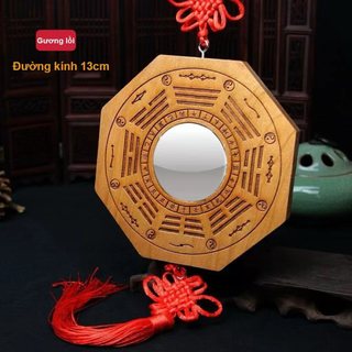 Gương bát quái cầu lồi gỗ đào tự nhiên treo cửa nhà dùng phong thủy