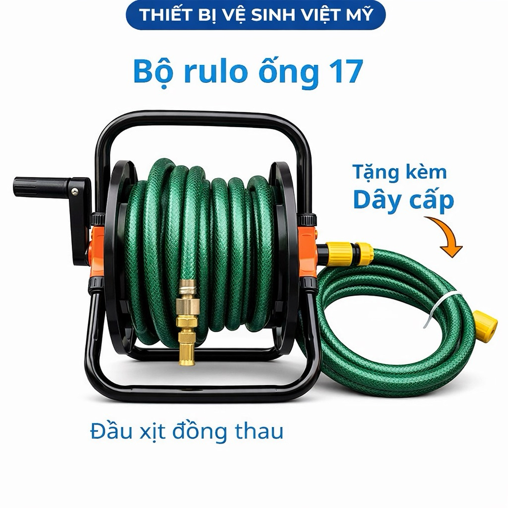 BỘ RULO TƯỚI CÂY RỬA XE KHUNG SẮT KÈM DÂY ỐNG PHI 17mm, ĐẦU PHUN ĐỒNG ...