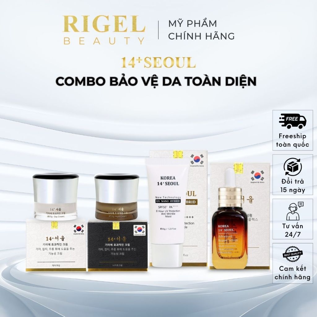 Combo 4 Sản Phẩm 14+ Seoul – Kem Nám Đêm, Kem Nám Ngày, Serum & Kem Chống Nắng SPF50+