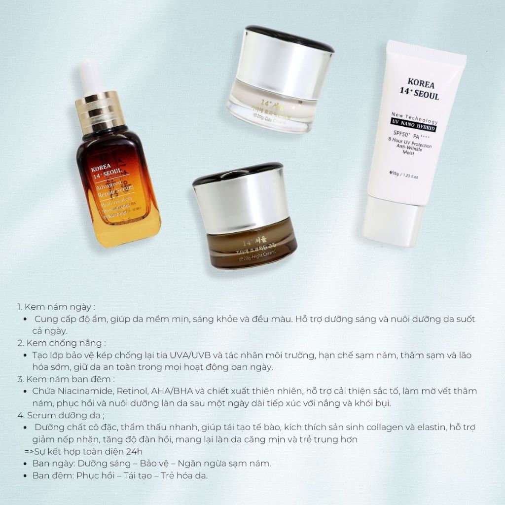 Combo 4 Sản Phẩm 14+ Seoul – Kem Nám Đêm, Kem Nám Ngày, Serum & Kem Chống Nắng SPF50+