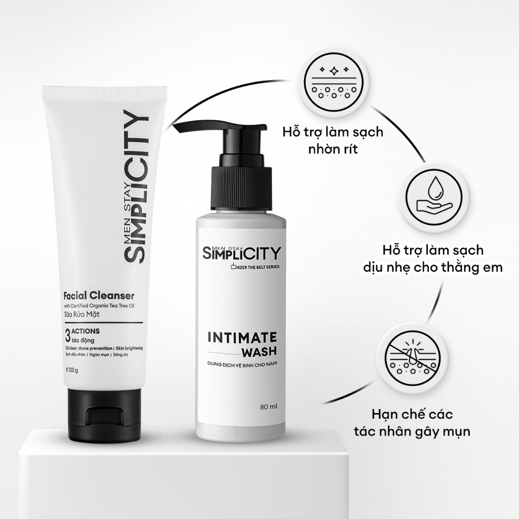 Combo Sạch anh sạch em Men Stay Simplicity: Sữa rửa mặt 3 tác động 100g & Dung dịch vệ sinh nam làm sạch ngăn mùi 80ml