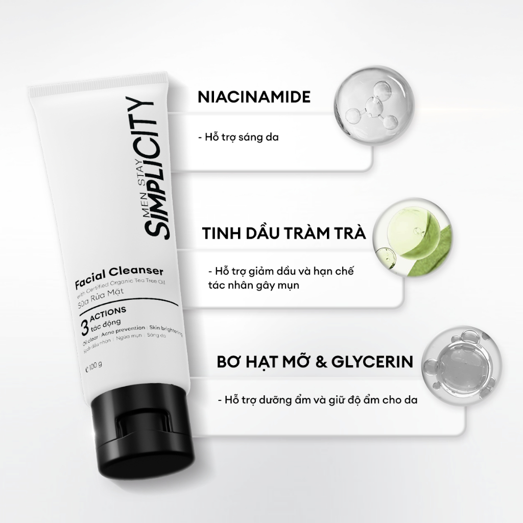 Combo Sạch anh sạch em Men Stay Simplicity: Sữa rửa mặt 3 tác động 100g & Dung dịch vệ sinh nam làm sạch ngăn mùi 80ml