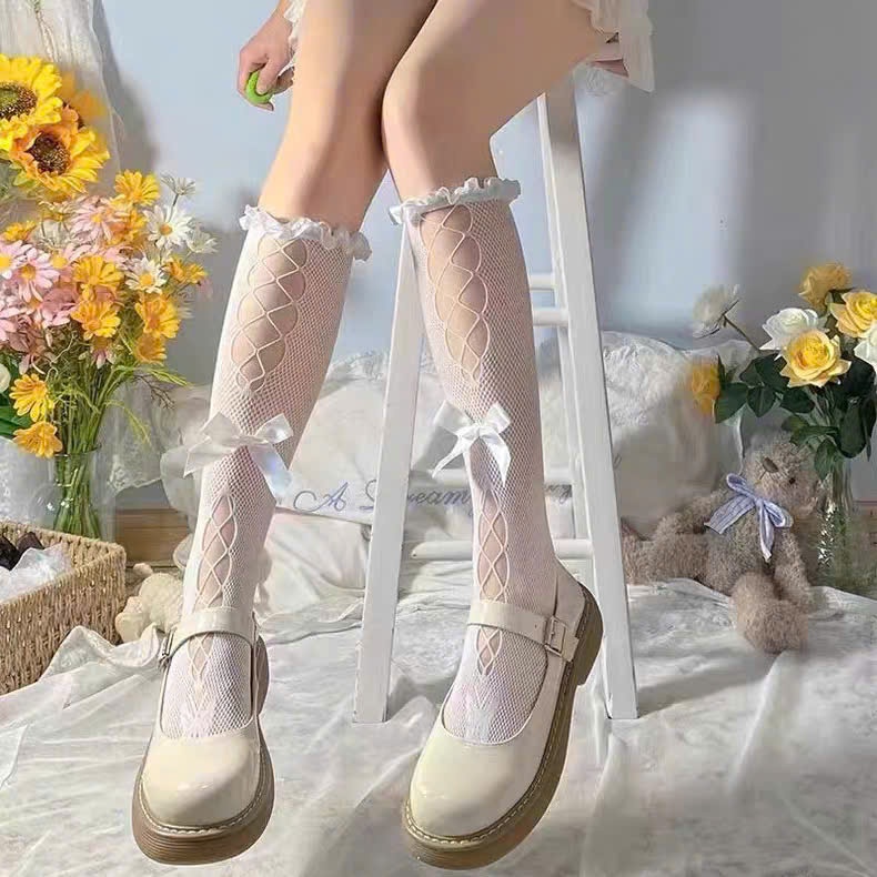 Tất lưới nữ dáng dài dây đan phối nơ to xinh trang trí, vớ lưới thời trang cá tính, 2 màu đen trắng – daldan ship nhanh