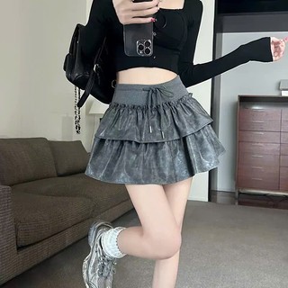 Chân Váy Da Xếp Tầng Dáng Ngắn Mini Xòe Nhẹ Họa Tiết Loang Khói Cạp Chun Bản To Phối Dây Hàng Quảng Châu.