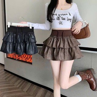 Chân Váy Da Xếp Tầng Dáng Ngắn Mini Xòe Nhẹ Họa Tiết Loang Khói Cạp Chun Bản To Phối Dây Hàng Quảng Châu.