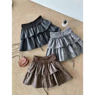 Chân Váy Da Xếp Tầng Dáng Ngắn Mini Xòe Nhẹ Họa Tiết Loang Khói Cạp Chun Bản To Phối Dây Hàng Quảng Châu.