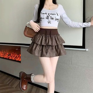 Chân Váy Da Xếp Tầng Dáng Ngắn Mini Xòe Nhẹ Họa Tiết Loang Khói Cạp Chun Bản To Phối Dây Hàng Quảng Châu.
