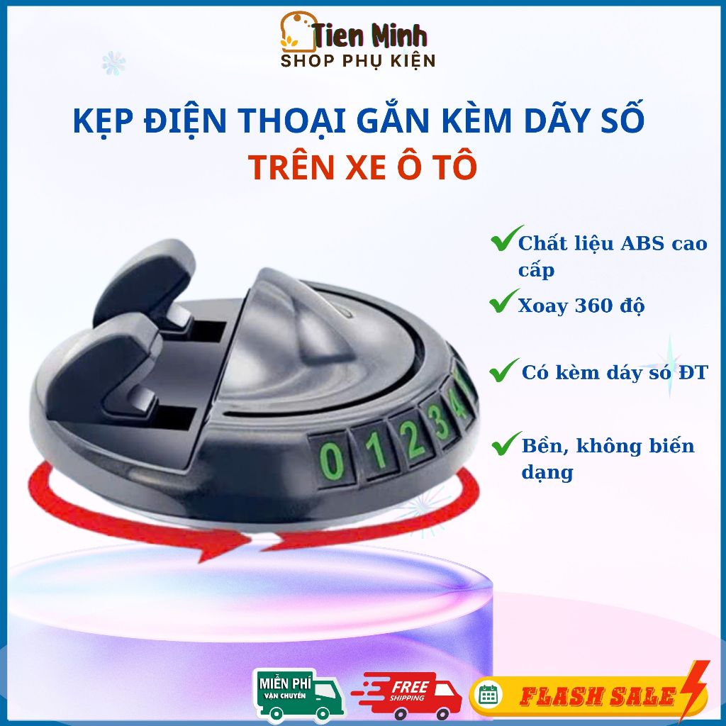 Giá Kẹp Điện Thoại Kèm Bảng Số Điện Thoại Trên Ôtô, Xoay 360 độ, Đế Chống Trượt