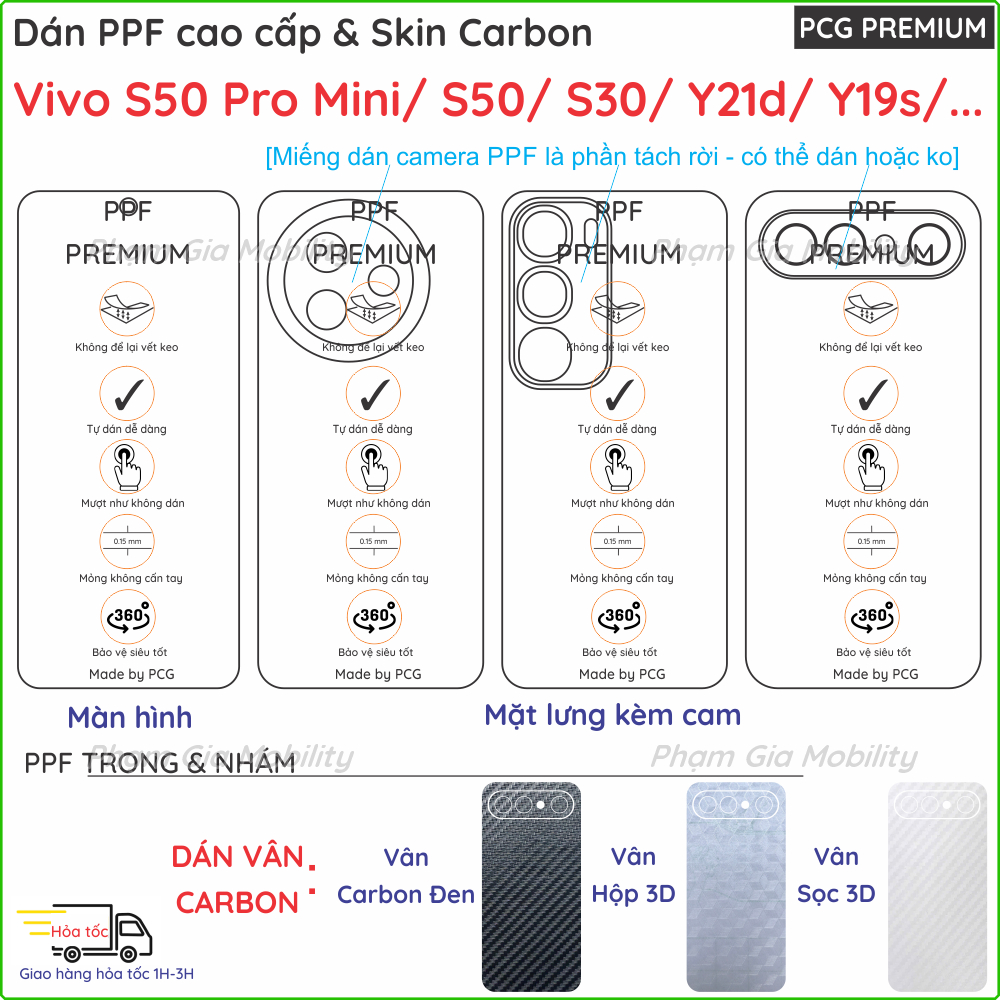 Dán PPF & Skin Carbon cho Vivo S50 S30 Mini Y500 Pro Y31d Y21d Y39 Y19s Y29 Quốc tế, Nội Địa 4G 5G màn hình, mặt lưng | BigBuy360 - bigbuy360.vn
