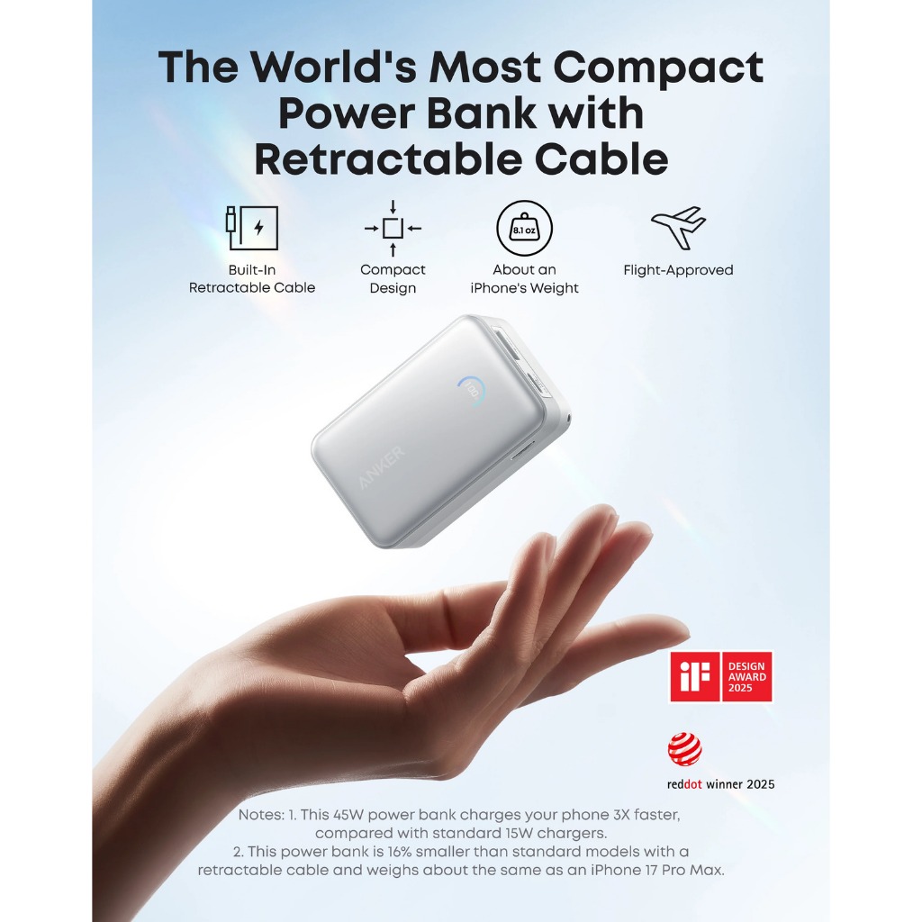 ANKER Nano A1638 Sạc dự phòng 2C1A 45W 10000mah tích hợp cáp Type-C rút gọn 70cm | Bản Quốc tế