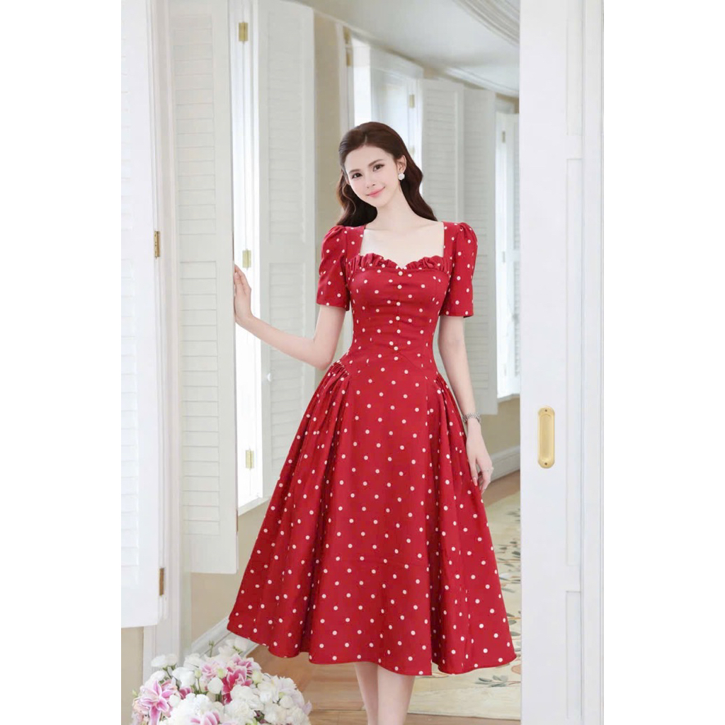 Đầm thiết kế dự tiệc chấm bi cổ vuông tay bồng xoè tiểu thư sang trọng dịu dàng- Pusu house