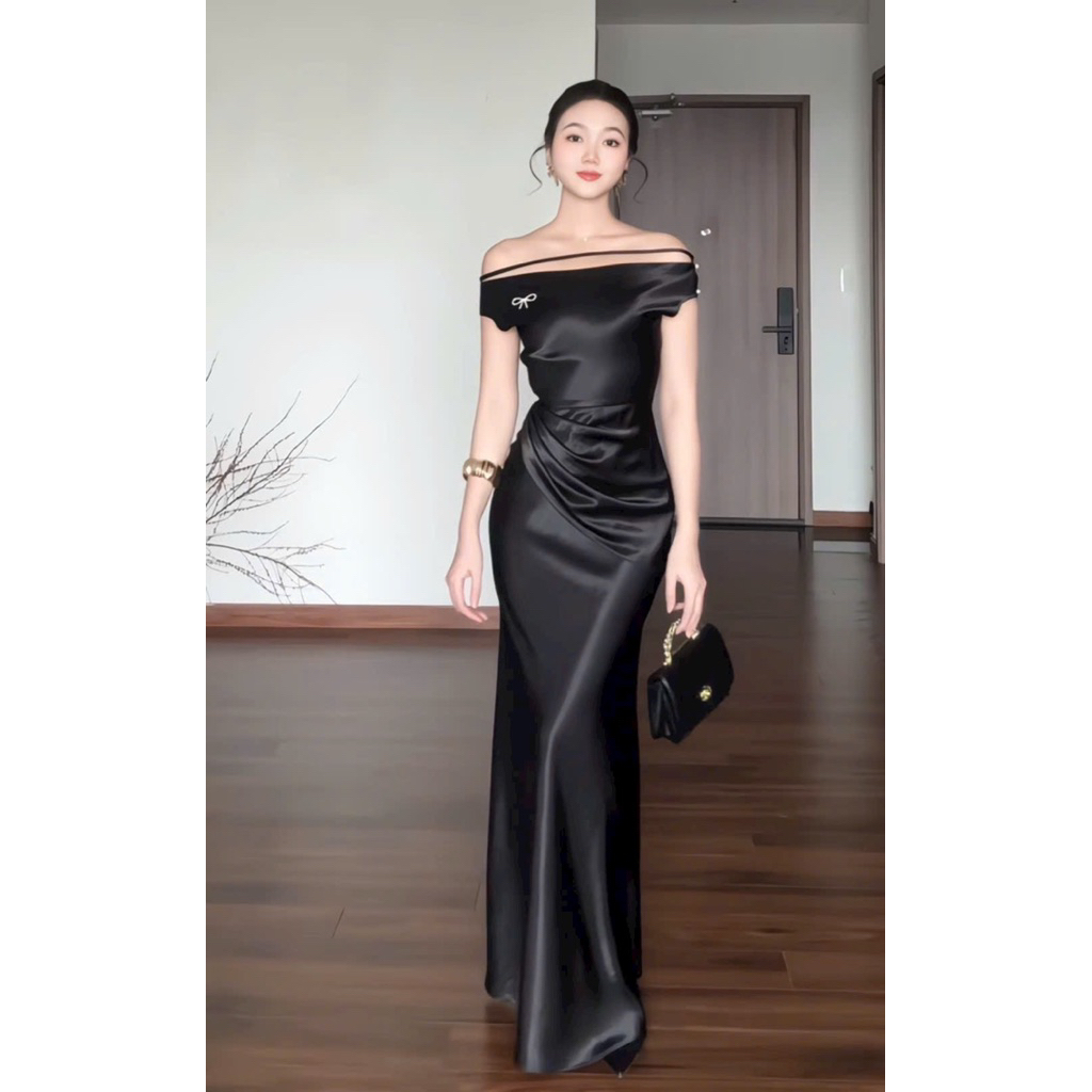 Đầm lụa dự tiệc trễ vai xếp ly vạt eo tôn dáng gọn eo chất lụa Vân mai hai lớp có sẵn mút - pusu house