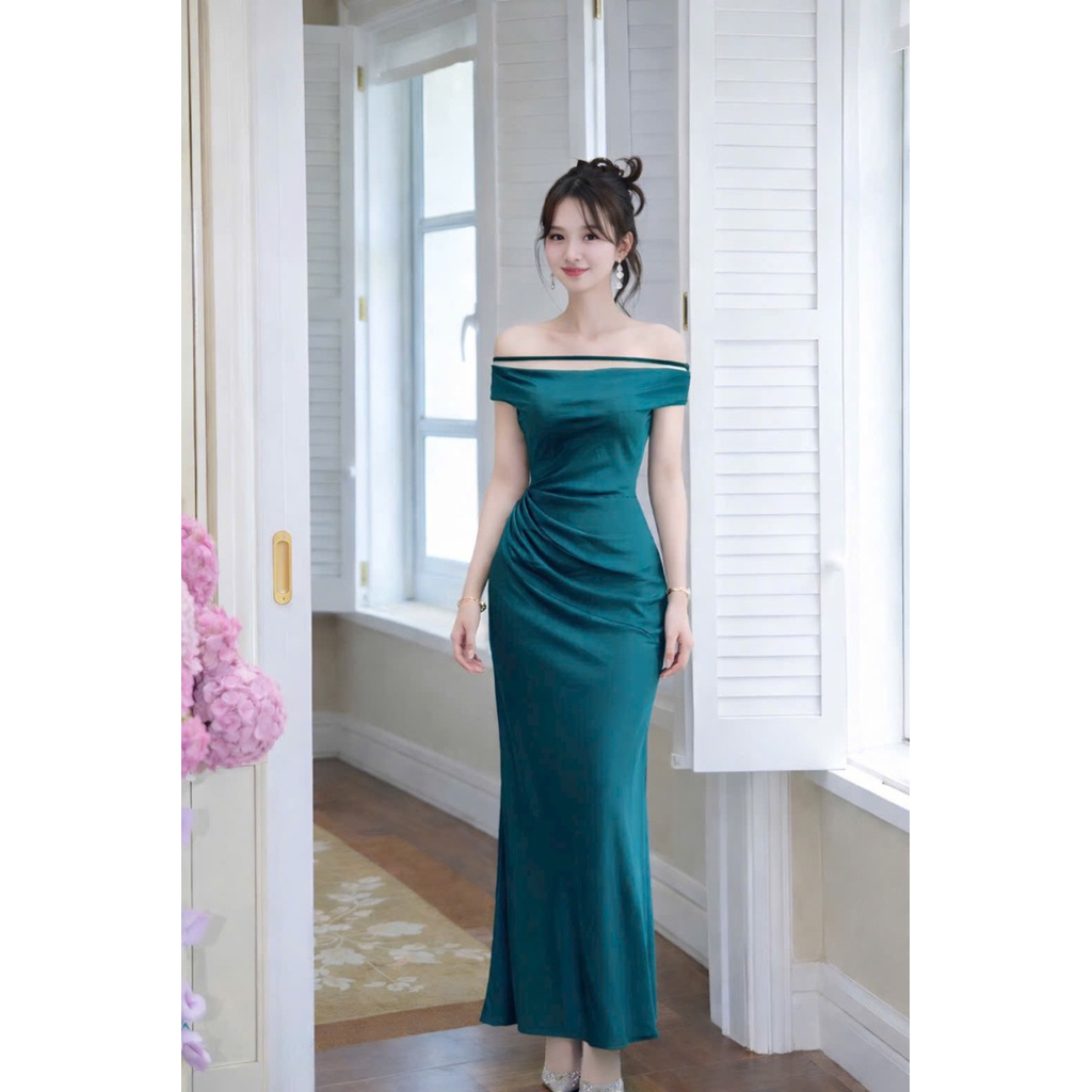Đầm lụa dự tiệc trễ vai xếp ly vạt eo tôn dáng gọn eo chất lụa Vân mai hai lớp có sẵn mút - pusu house
