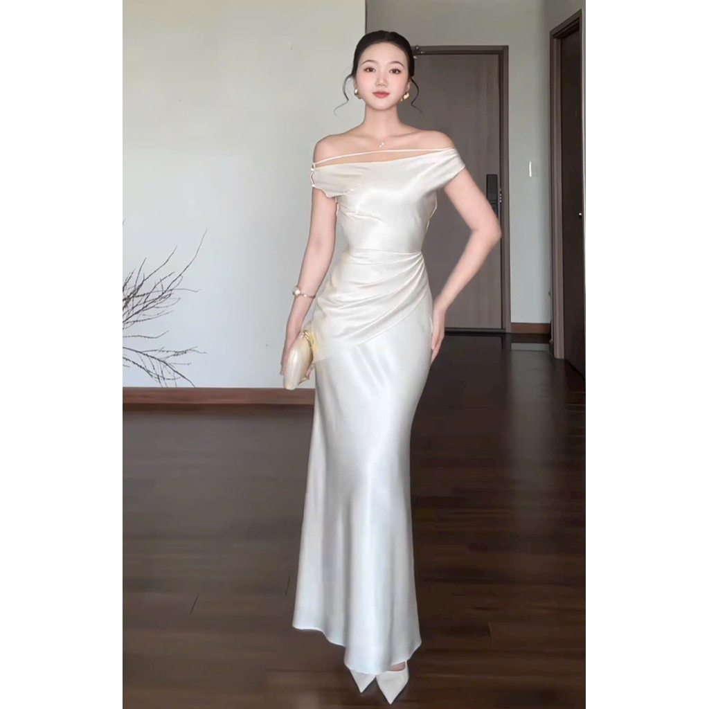 Đầm lụa dự tiệc trễ vai xếp ly vạt eo tôn dáng gọn eo chất lụa Vân mai hai lớp có sẵn mút - pusu house