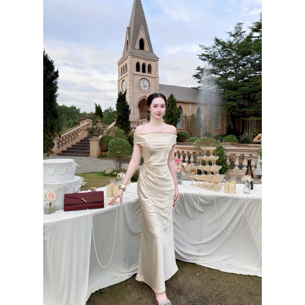 Đầm lụa dự tiệc trễ vai xếp ly vạt eo tôn dáng gọn eo chất lụa Vân mai hai lớp có sẵn mút - pusu house