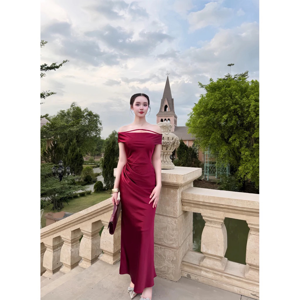Đầm lụa dự tiệc trễ vai xếp ly vạt eo tôn dáng gọn eo chất lụa Vân mai hai lớp có sẵn mút - pusu house