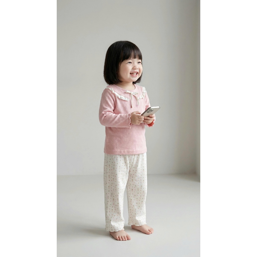 Set bộ dài tay bé gái bánh bèo nơ cổ Miniumbaby mix quần suông, chất cotton mềm thoáng khí SB2521