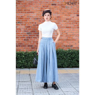 Quần Jean Nữ 𝐂𝐂𝐇𝐀𝐓 Dáng Suông Indigo Xếp Ly Chất Liệu Jeans Cao Cấp 25GDJ2007ST