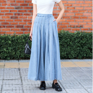 Quần Jean Nữ 𝐂𝐂𝐇𝐀𝐓 Dáng Suông Indigo Xếp Ly Chất Liệu Jeans Cao Cấp 25GDJ2007ST