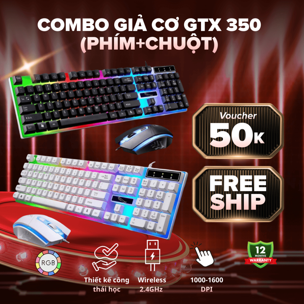 Bộ Đôi Phím và Chuột GTX 350 - 104 Phím Fullsize, LED RGB, Chống Kêu ...