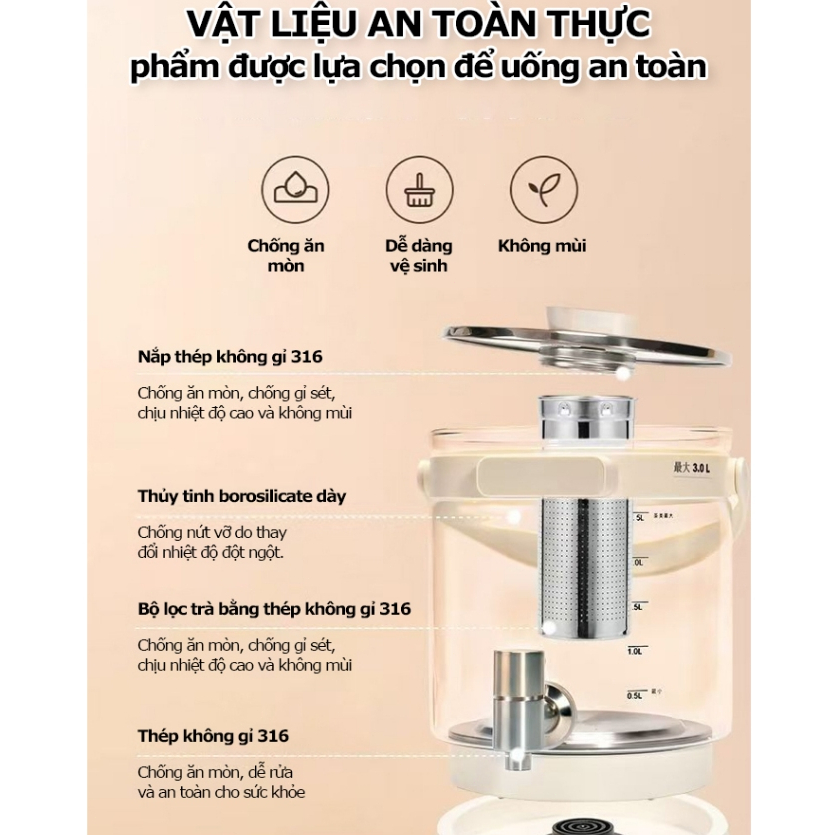 RELAAX Ấm thông minh 3L-1000W-9 chức năng-giữ nhiệt 24h-hiển nhiệt-đa mức nhiệt-thủy tinh dày-vòi inox 304-tặng rây lọc
