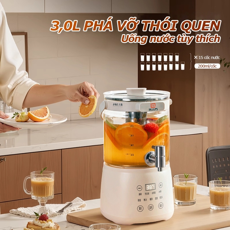 RELAAX Ấm thông minh 3L-1000W-9 chức năng-giữ nhiệt 24h-hiển nhiệt-đa mức nhiệt-thủy tinh dày-vòi inox 304-tặng rây lọc