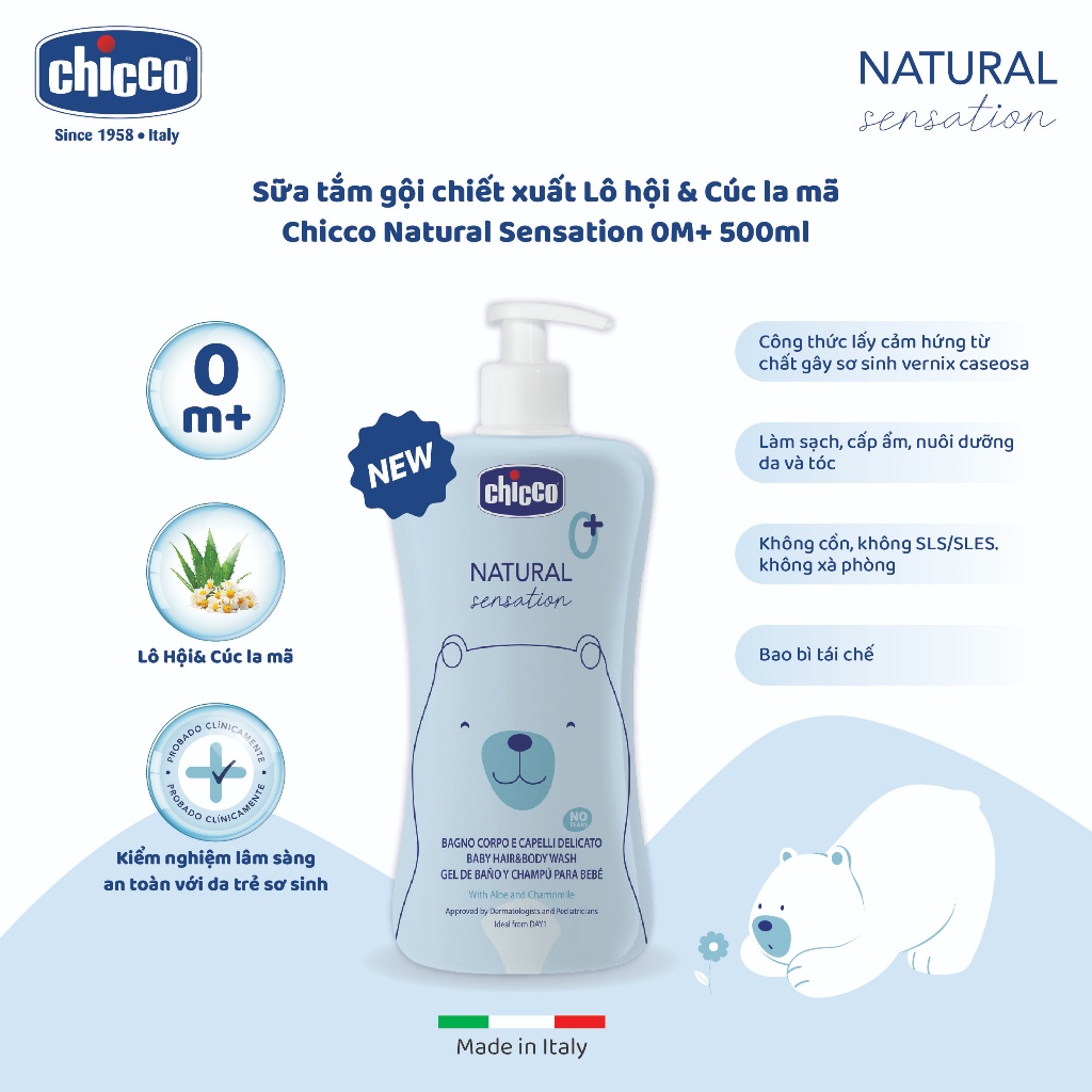 Sữa tắm gội chiết xuất Lô hội & Cúc la mã Chicco Natural Sensation 0M+ 500ml