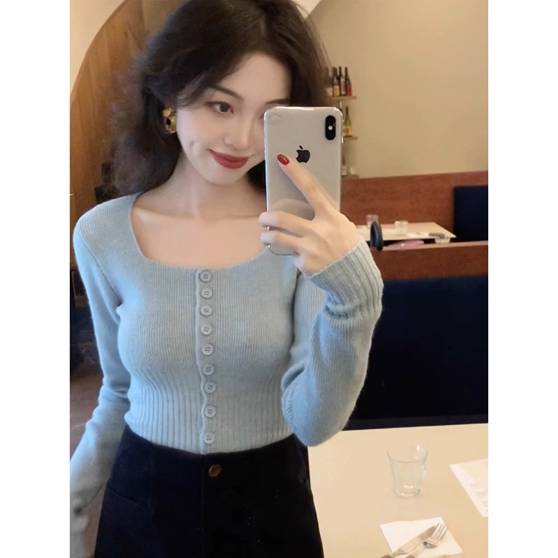 [Oder- Không có sẵn] Áo len dệt kim dáng ôm eo hàng Quảng Châu, áo thun nữ cổ vuông dáng ôm, xu hướng thời trang