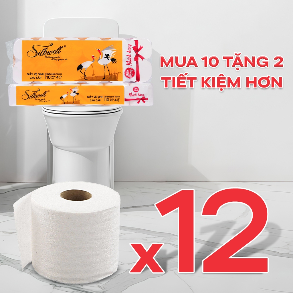 Combo 2 giấy vệ sinh Silkwell Sếu 12 cuộn 4 lớp cao cấp, dày dặn, tự tan được trong nước