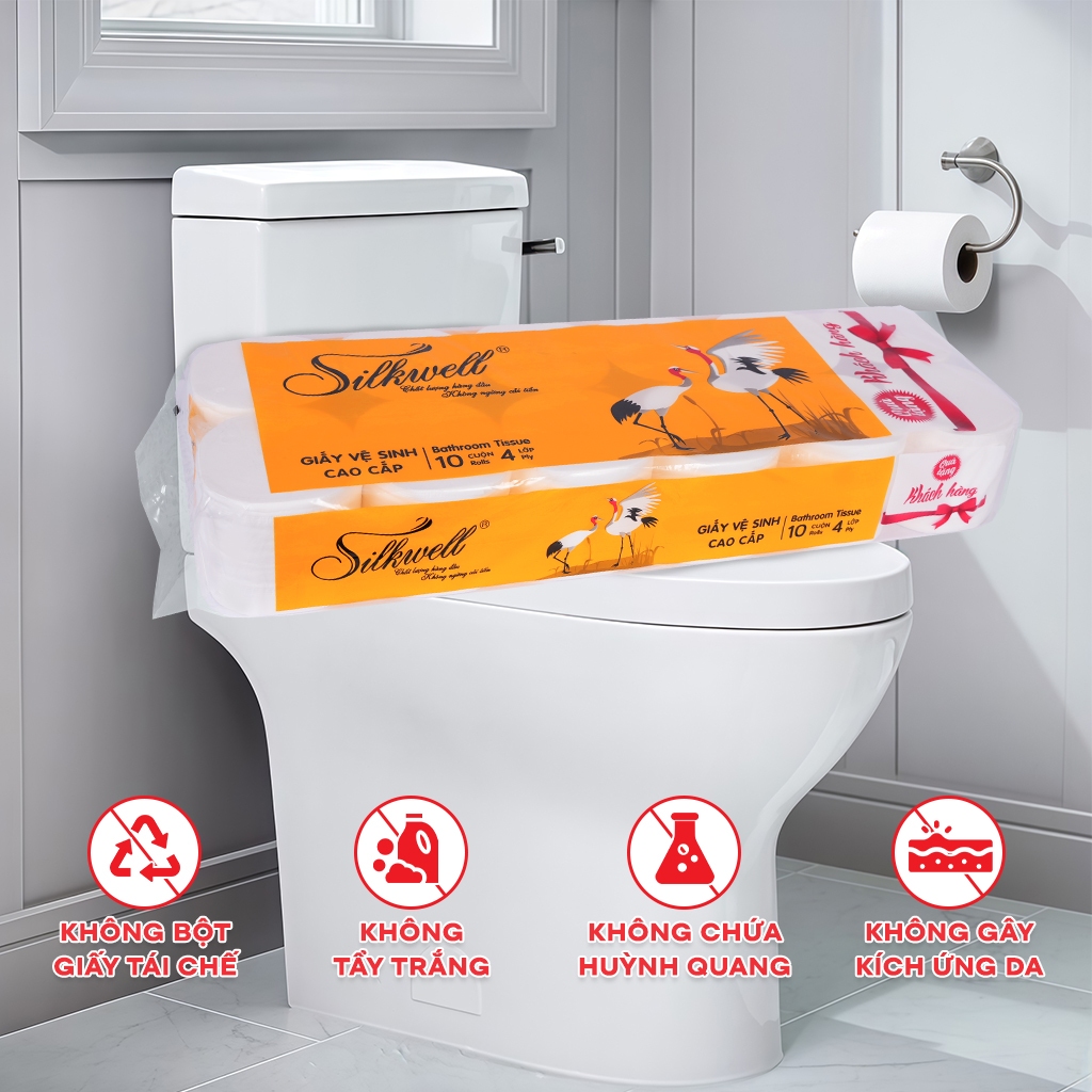 Combo 2 giấy vệ sinh Silkwell Sếu 12 cuộn 4 lớp cao cấp, dày dặn, tự tan được trong nước