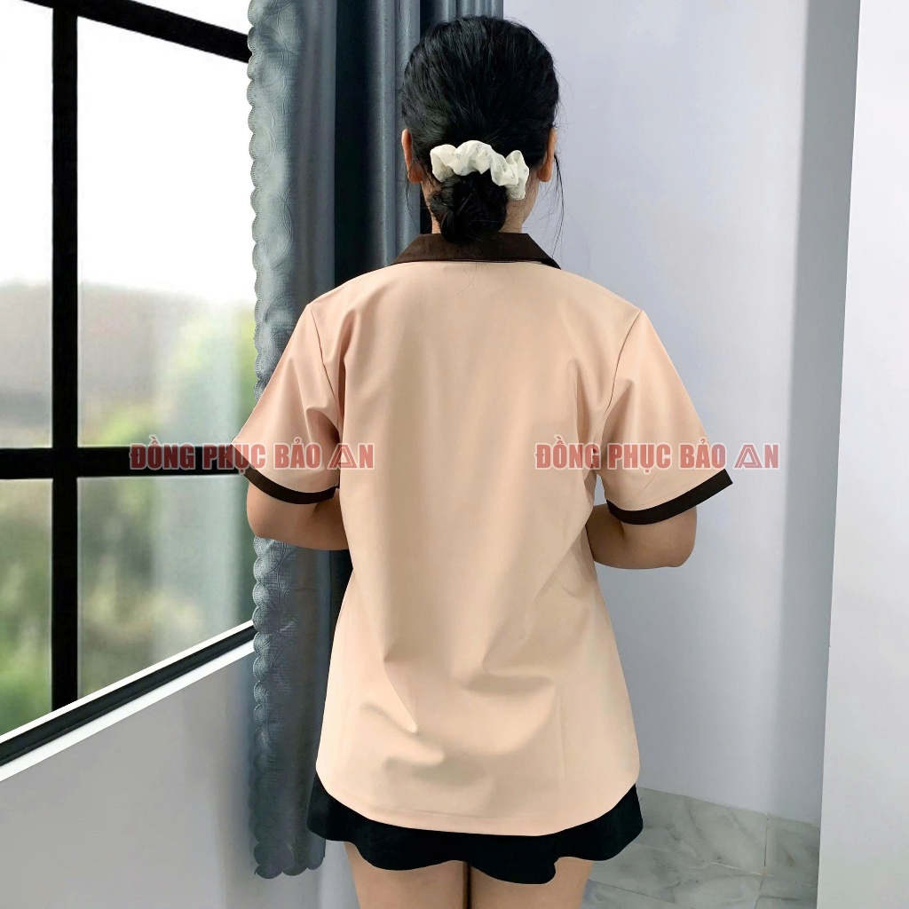 Áo Nhân Viên Vệ Sinh Tay Ngắn Màu Cafe Phối Nâu – Đồng Phục Cấp Dưỡng, Hộ Lý, Công Nhân