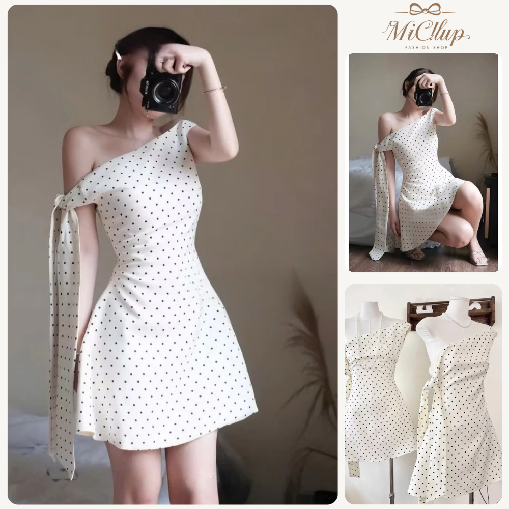 Váy đầm lệch vai chấm bi dáng ngắn, Váy đầm trễ vai chấm bi xoè nhẹ phong cách ngọt ngào_VD012