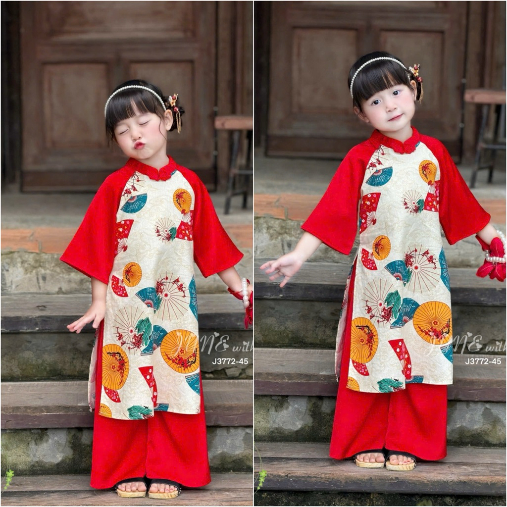 Set Áo Dài Truyền Thống Bé Gái J3772 (Áo + Quần) 1-12Y (10-45kg) Họa Tiết Quạt Siêu Xinh
