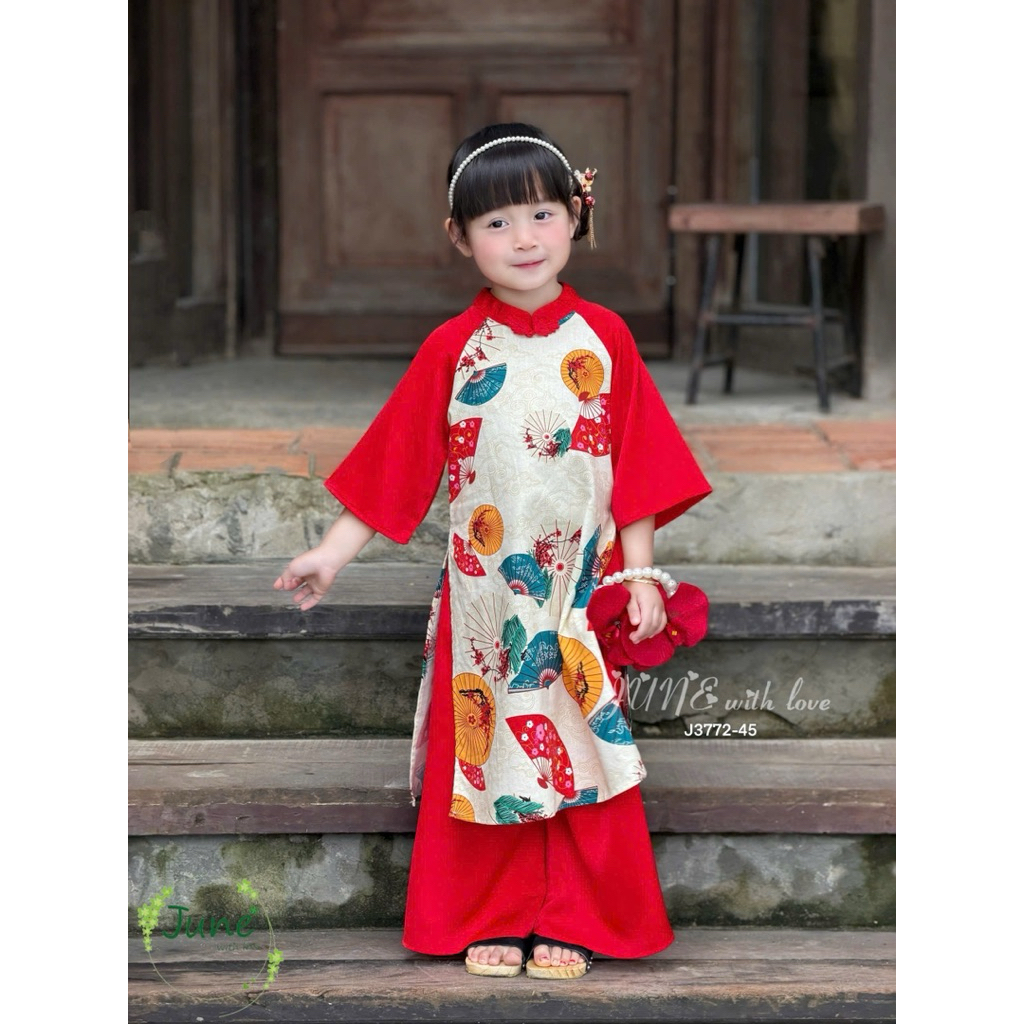 Set Áo Dài Truyền Thống Bé Gái J3772 (Áo + Quần) 1-12Y (10-45kg) Họa Tiết Quạt Siêu Xinh