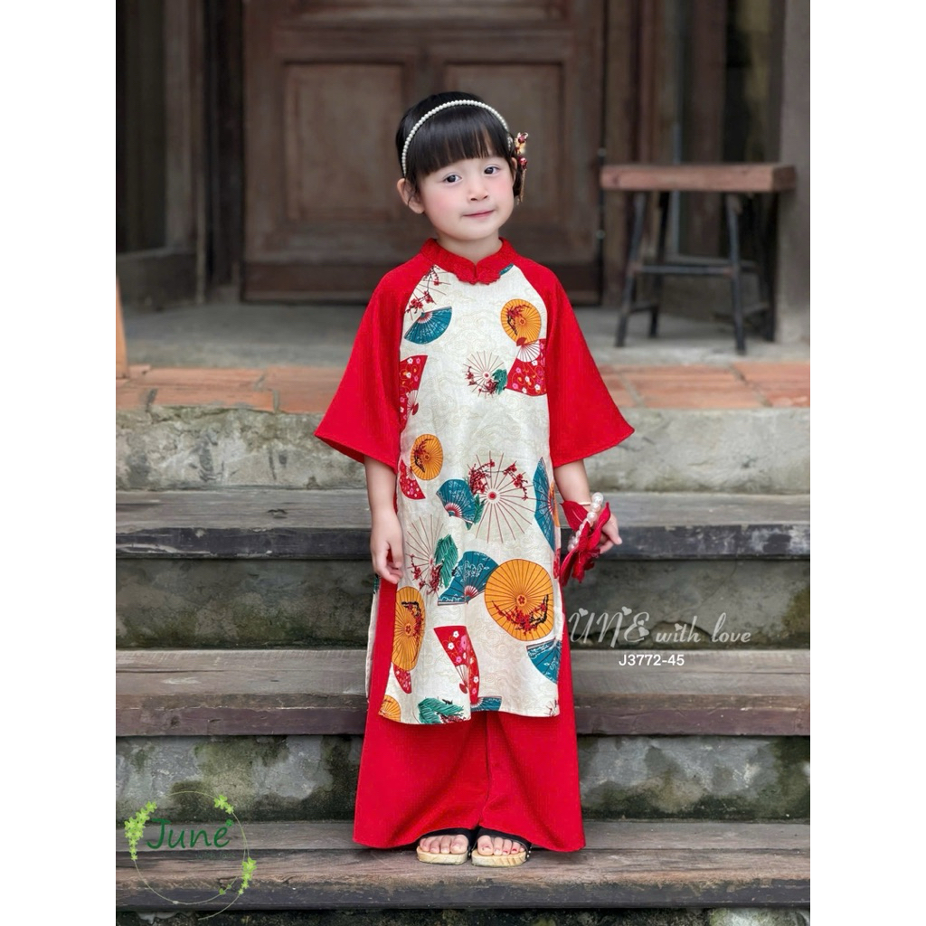 Set Áo Dài Truyền Thống Bé Gái J3772 (Áo + Quần) 1-12Y (10-45kg) Họa Tiết Quạt Siêu Xinh