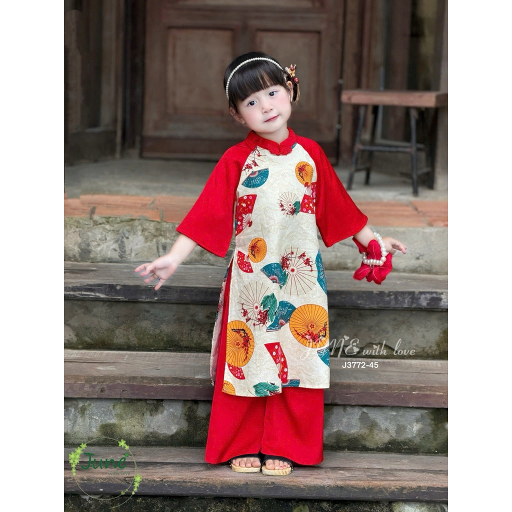 Set Áo Dài Truyền Thống Bé Gái J3772 (Áo + Quần) 1-12Y (10-45kg) Họa Tiết Quạt Siêu Xinh