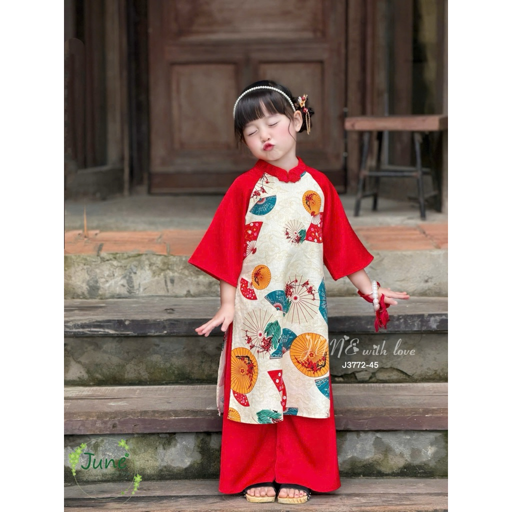 Set Áo Dài Truyền Thống Bé Gái J3772 (Áo + Quần) 1-12Y (10-45kg) Họa Tiết Quạt Siêu Xinh