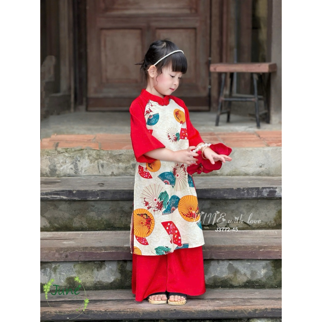 Set Áo Dài Truyền Thống Bé Gái J3772 (Áo + Quần) 1-12Y (10-45kg) Họa Tiết Quạt Siêu Xinh