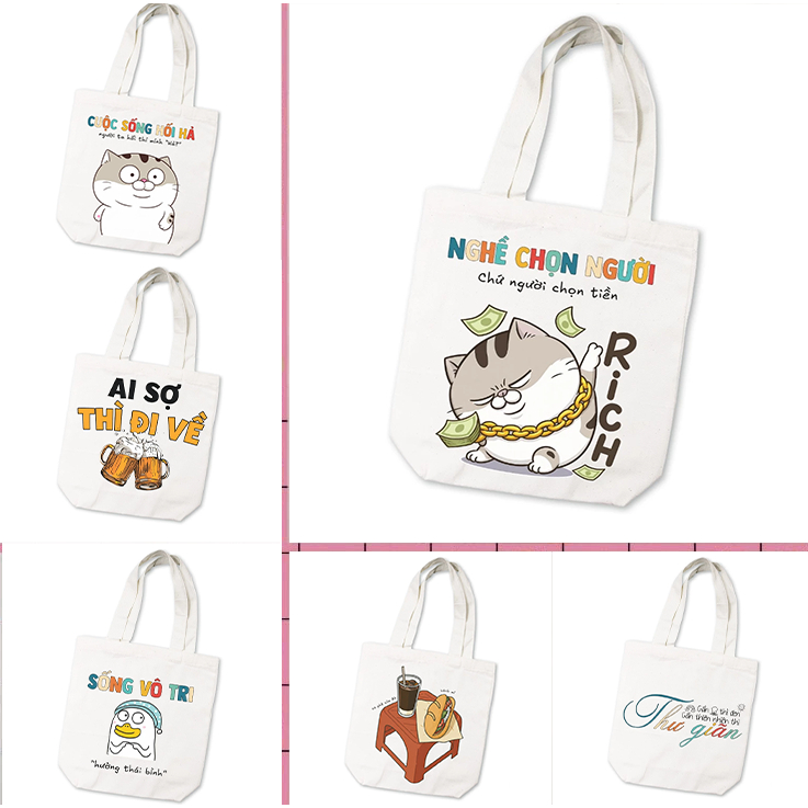 Túi Tote canvas BỘ SƯU TẬP Meow CÂU NÓI HÀI HƯỚC GENZ túi vải đeo vai có khóa kéo phong cách thời trang cho giới trẻ