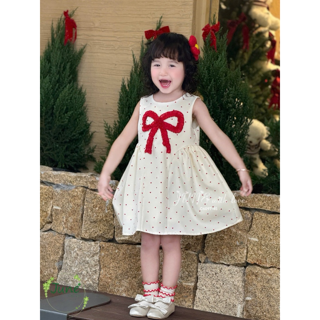 Váy Bé Gái Sát Nách C6097 Chấm Bi Phối Nơ Đỏ Siêu Xinh - Đầm Công Chúa Thời Trang Cho Bé Size 1-10 Tuổi (10-40kg)