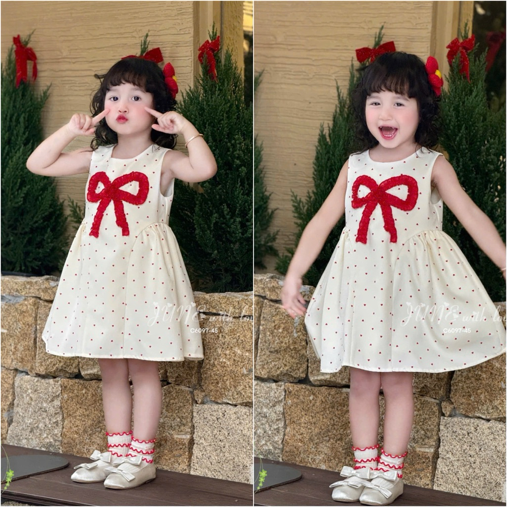 Váy Bé Gái Sát Nách C6097 Chấm Bi Phối Nơ Đỏ Siêu Xinh - Đầm Công Chúa Thời Trang Cho Bé Size 1-10 Tuổi (10-40kg)