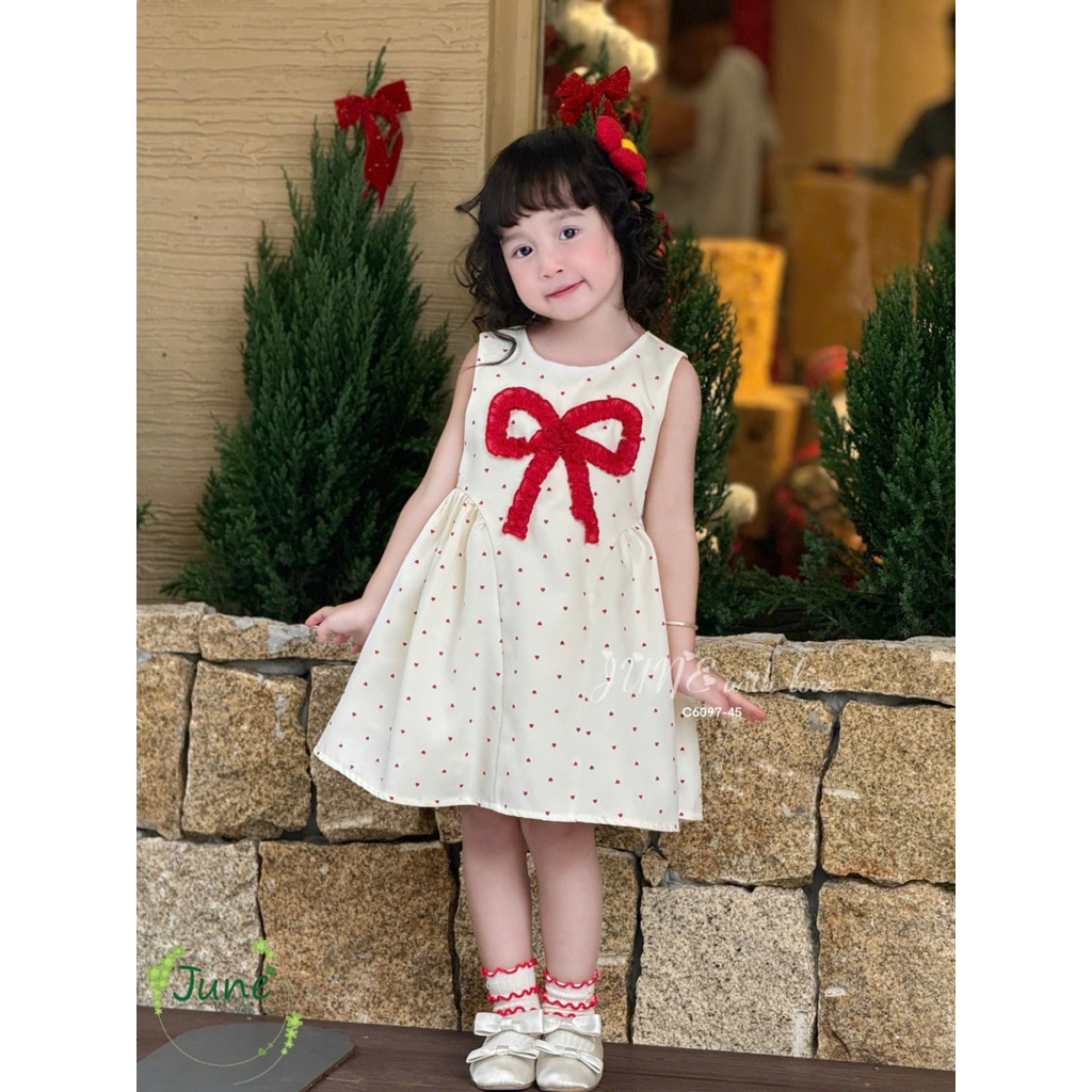Váy Bé Gái Sát Nách C6097 Chấm Bi Phối Nơ Đỏ Siêu Xinh - Đầm Công Chúa Thời Trang Cho Bé Size 1-10 Tuổi (10-40kg)
