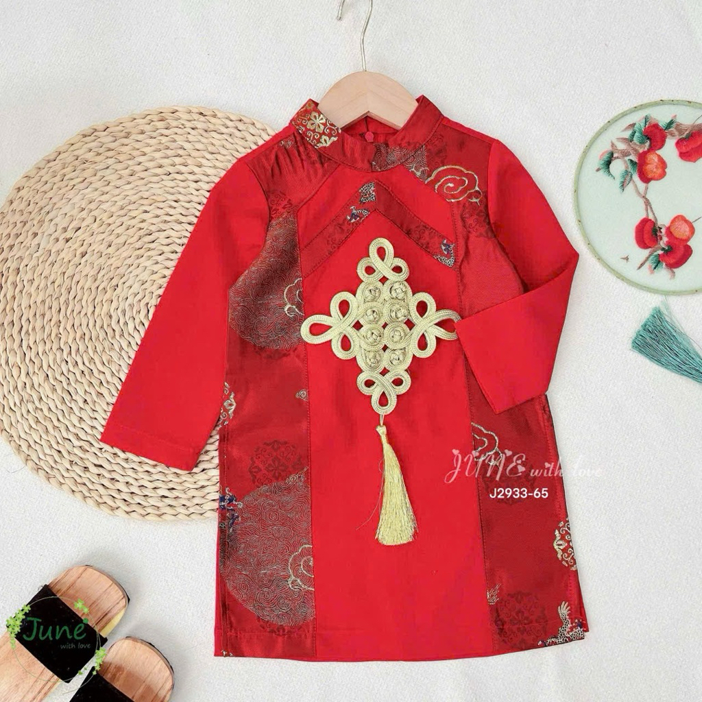 Áo dài bé trai J2933 ốp Đồng Tâm kết dây khánh sang xịn – áo dài Tết trẻ em size 1-10Y (10-40kg)