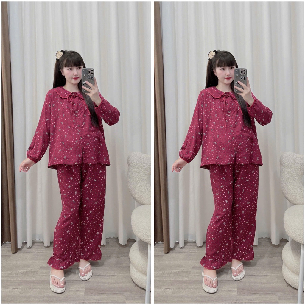 Bộ bầu-Bộ sau sinh-BỘ DÀI ĐŨI NHĂN HÌNH CỔ SEN DẬP LY KÈM DÂY BUỘC -5 màu