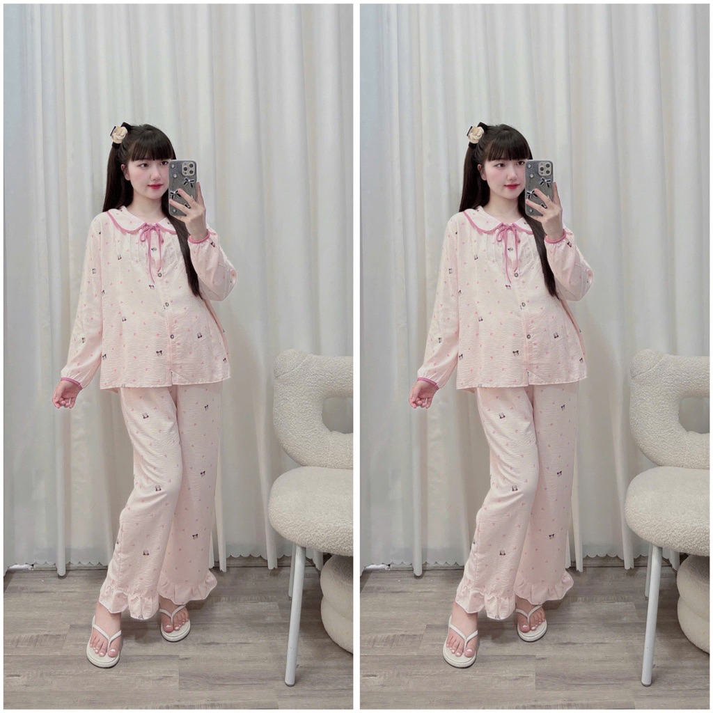 Bộ bầu-Bộ sau sinh-BỘ DÀI ĐŨI NHĂN HÌNH CỔ SEN DẬP LY KÈM DÂY BUỘC -5 màu