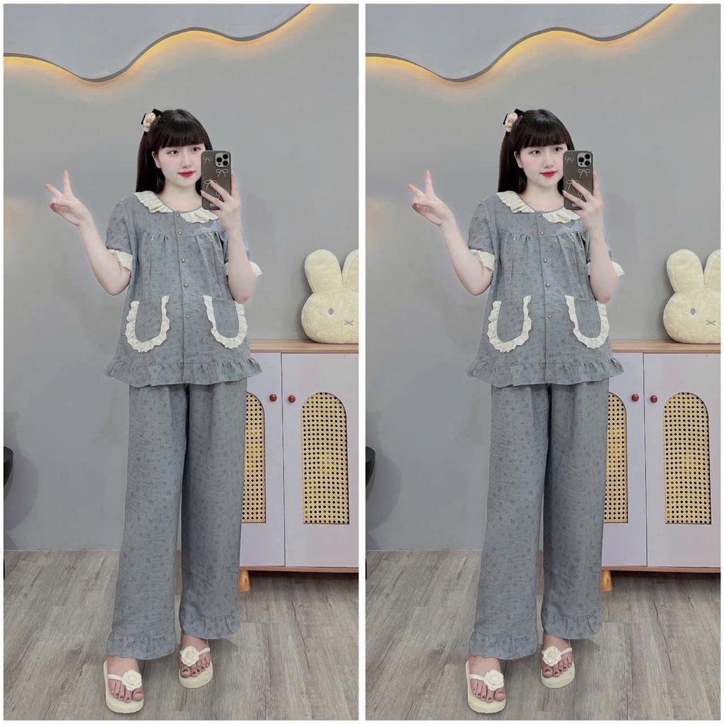 Bộ Bầu-Bộ sau sinh-BỘ QDAC VÂN MÂY HÌNH CỔ REN HAI TÚI, áo có khoá kéo , quần có chun chỉnh