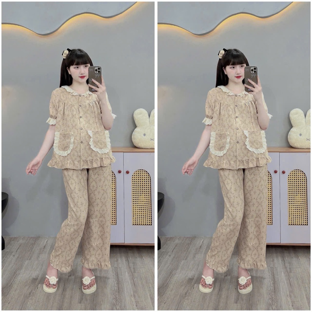 Bộ Bầu-Bộ sau sinh-BỘ QDAC VÂN MÂY HÌNH CỔ REN HAI TÚI, áo có khoá kéo , quần có chun chỉnh